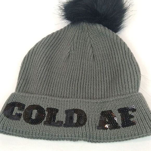 Women's gray knit beanie with black sequin letters and faux fur pom - Picture 5 of 5